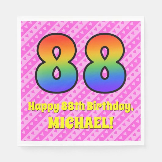 88誕生日:ピンクストライプのハート、レインボー# 88 スタンダードランチョンナプキン (正面)