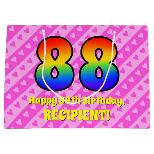 88誕生日:ピンクストライプのハート、レインボー# 88 ラージペーパーバッグ (正面)
