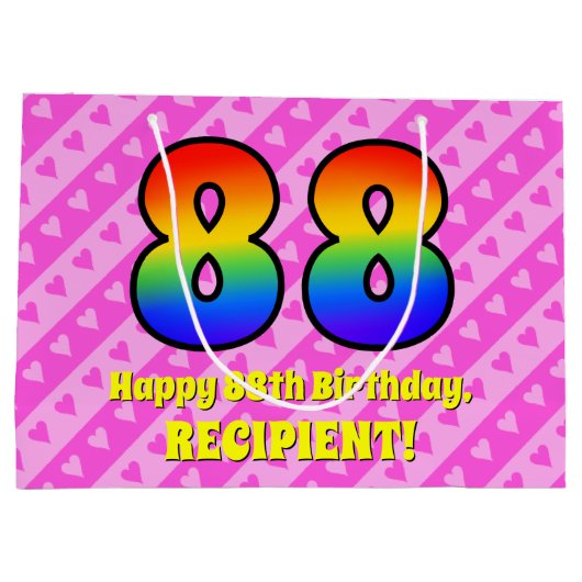 88誕生日:ピンクストライプのハート、レインボー# 88 ラージペーパーバッグ (裏面)