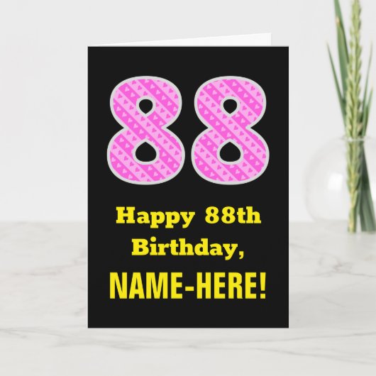 88誕生日:ピンクストライプ色のハートと"88" +名前 カード (正面)
