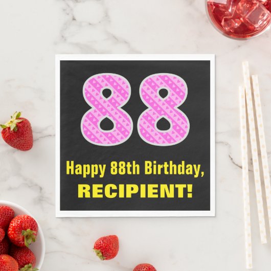 88誕生日:ピンクストライプ色のハートと"88" +名前 スタンダードランチョンナプキン (インサイチュ)