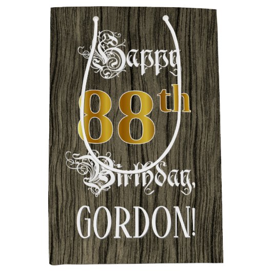 88誕生日:フェイク金ゴールドルック&ウッドフェイクパターン ミディアムペーパーバッグ (正面)