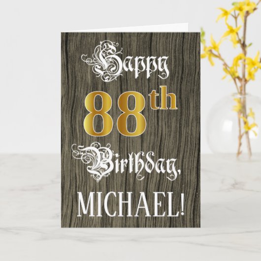 88誕生日:フェイク金ゴールドルック+木フェイク模様 カード (黄色い花)