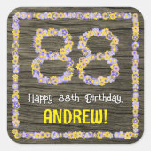 88誕生日:フローラ番号フェイク、木目、名前 スクエアシール (正面)