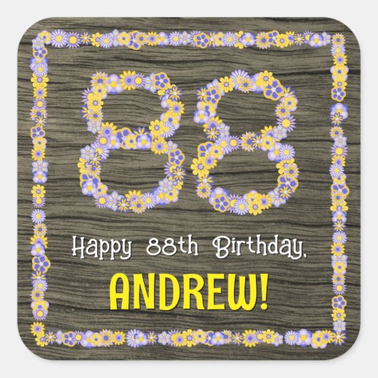 88誕生日:フローラ番号フェイク、木目、名前 スクエアシール (正面)