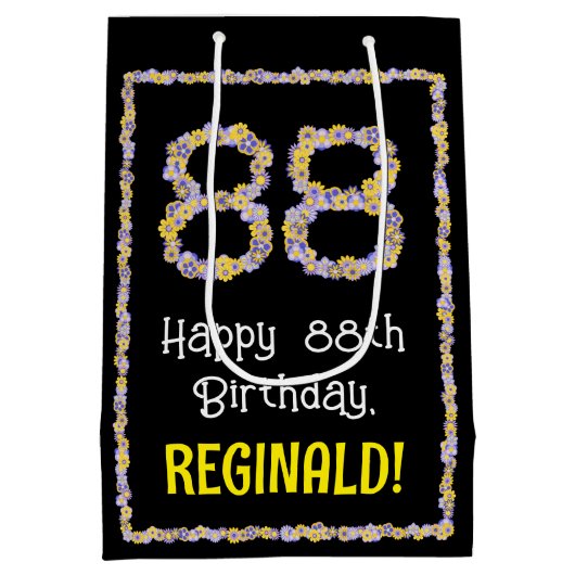 88誕生日:フローラ花数名前をカスタムする ミディアムペーパーバッグ (裏面)