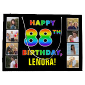 88誕生日:レインボー文字カスタム、写真&名前 ラージペーパーバッグ (裏面)