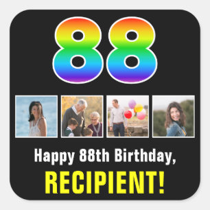 88誕生日:レインボー「88」、写真カスタムと名前 スクエアシール