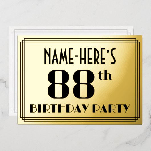 88th誕生日パーティー:アールデコの外観"88"と名前 箔招待状 (正面/裏面)