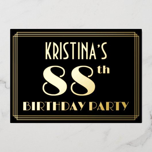 88th誕生日パーティー:アールデコを見る"88",名前と 箔招待状 (正面)