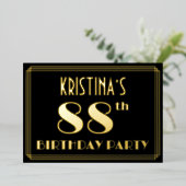 88th誕生日パーティー:アールデコを見る"88",名前と 箔招待状 (立ち正面)