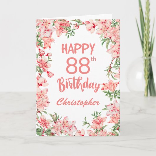 88th誕生日ピンクピーチペニーズ水彩フローラ カード (正面)