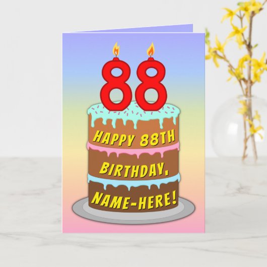 88th Birthday — Fun Cake & Candles, w/ Custom Name カード (黄色い花)