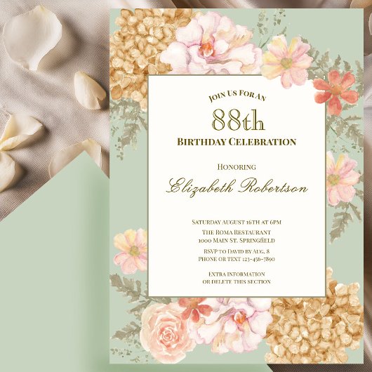 88th Birthday Invitation Autumn Colors Floral Sage 招待状