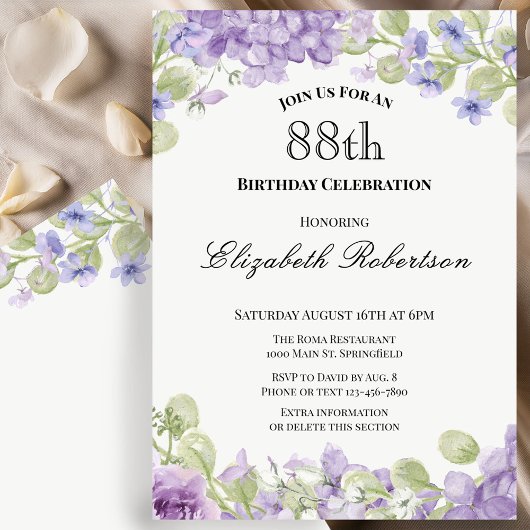 88th Birthday Invitation Elegant Purple Floral 招待状