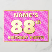 88th Birthday Party —おもしろいピンクのハートとストライプ 箔招待状 (正面)