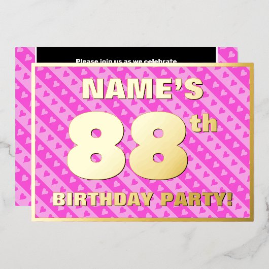 88th Birthday Party —おもしろいピンクのハートとストライプ 箔招待状 (正面/裏面)