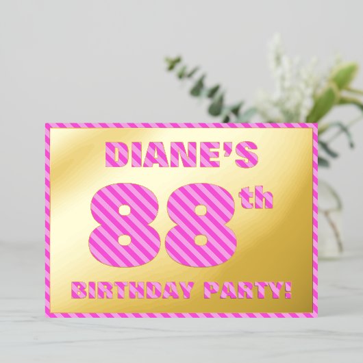 88th Birthday Party — はっきりした、おもしろい、ピンクストライプ色88 箔招待状 (立ち正面)