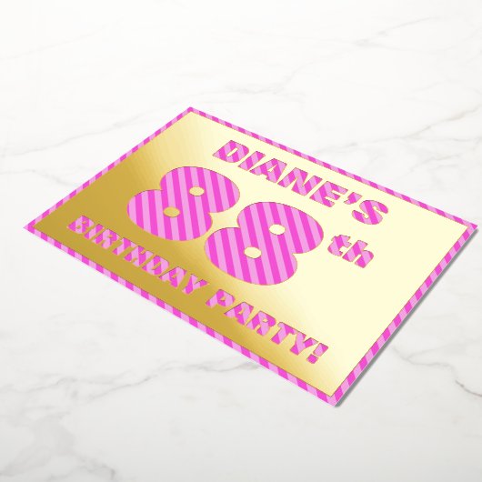 88th Birthday Party — はっきりした、おもしろい、ピンクストライプ色88 箔招待状 (回転した状態)