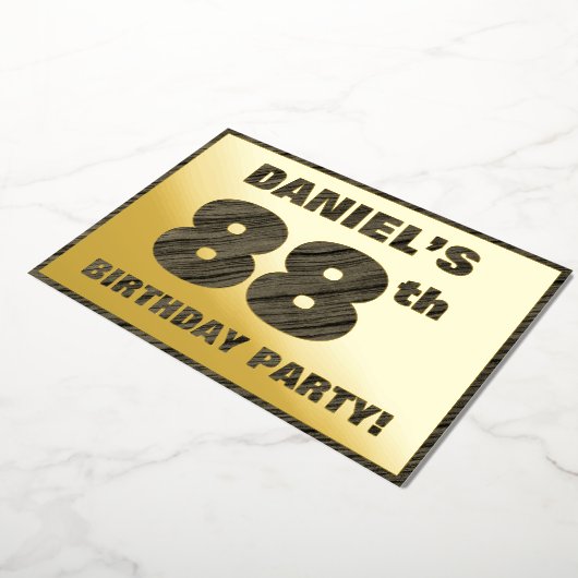 88th Birthday Party — はっきりしたWood Grainフェイク文字 箔招待状 (回転した状態)
