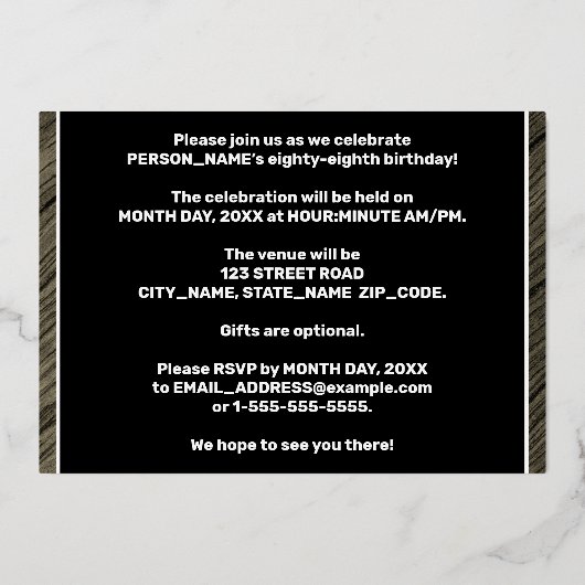 88th Birthday Party — はっきりしたWood Grainフェイク文字 箔招待状 (裏面)