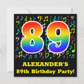 89歳の誕生日パーティー:おもしろいミュージックシンボル,レインボー89 招待状 (正面)