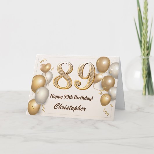 89歳の誕生日 ゴールド風船と紙吹雪 誕生日 カード (正面)