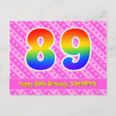 89歳の誕生日：ピンクのストライプとハート、虹 89 ポストカード (正面)