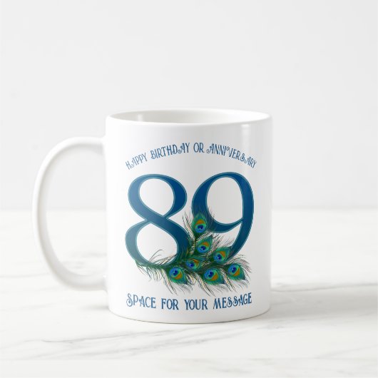 89歳の誕生日・記念日のクジャクの羽 コーヒーマグカップ (左)