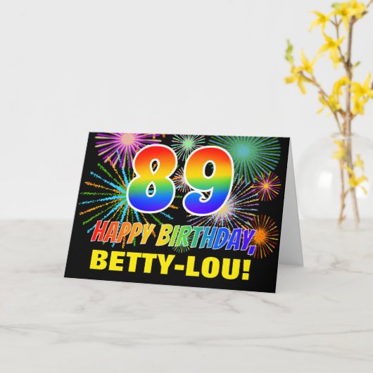 89誕生日はっきりした:,おもしろい,花火,虹89 カード (黄色い花)