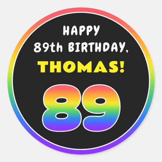 89誕生日カラフル:レインボー# 89,名前をカスタムする ラウンドシール (正面)