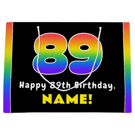 89誕生日カラフル:レインボー# 89,名前をカスタムする ラージペーパーバッグ (正面)