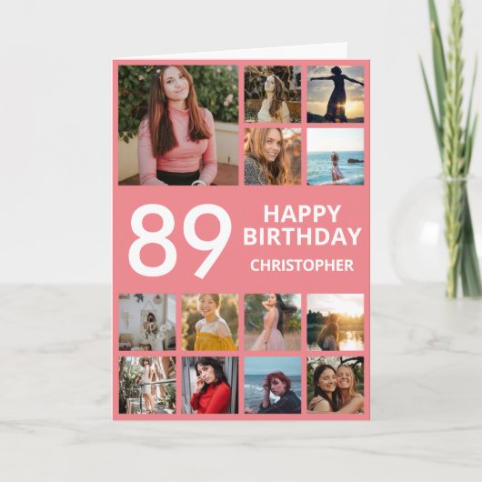 89誕生日フォトコラージュ13写真ピンク&ホワイト カード (正面)