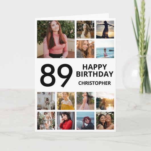 89誕生日フォトコラージュ13枚白黒 カード (正面)