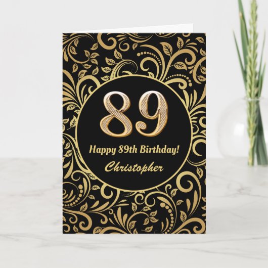 89誕生日ブラック&金ゴールドフローラルパターン カード (正面)