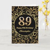 89誕生日ブラック&金ゴールドフローラルパターン カード (黄色い花)