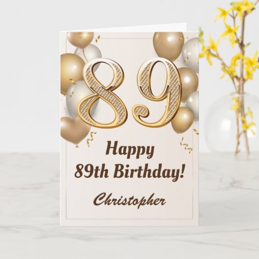 89誕生日金ゴールドバルーンと紙吹雪誕生日 カード (黄色い花)