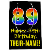 89誕生日:おもしろいはっきりした、カラフルレインボー「89」 ミディアムペーパーバッグ (正面)