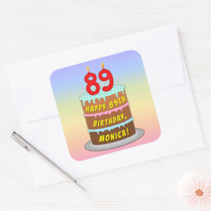 89誕生日:おもしろいケーキとキャンドル+名前をカスタムする スクエアシール