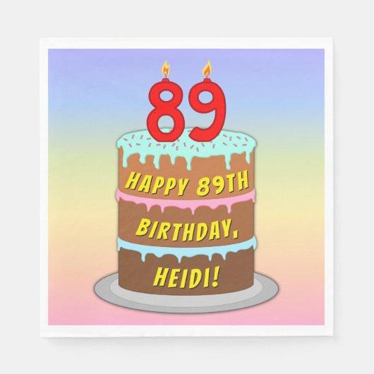 89誕生日:おもしろいケーキとキャンドル+名前をカスタムする スタンダードランチョンナプキン (正面)