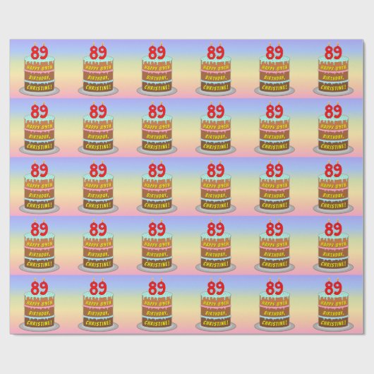 89誕生日:おもしろいケーキとキャンドル+名前をカスタムする ラッピングペーパー (フラット)