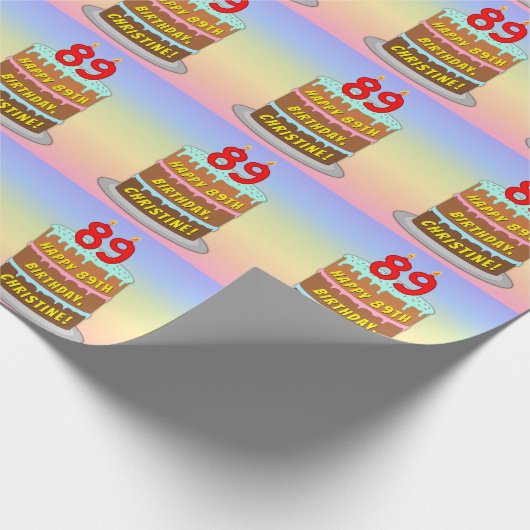 89誕生日:おもしろいケーキとキャンドル+名前をカスタムする ラッピングペーパー (角)