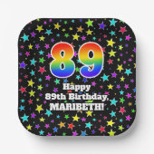 89誕生日:おもしろいスター柄と虹"89" ペーパープレート (正面)