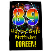 89誕生日:おもしろい花火パターン+虹89 ミディアムペーパーバッグ (正面)