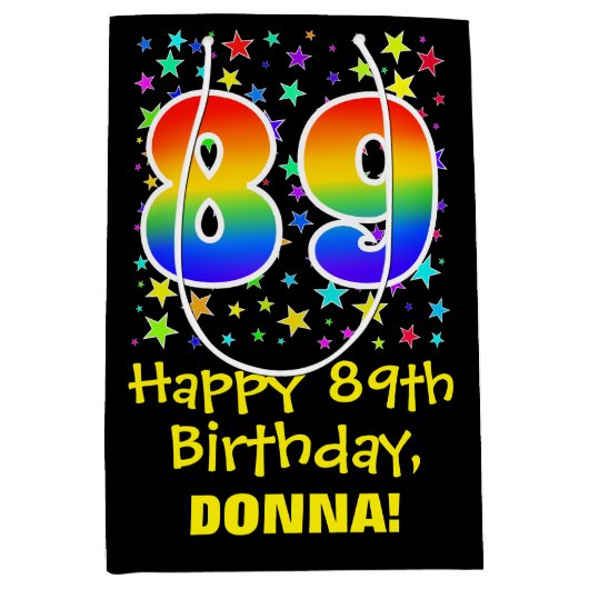 89誕生日:カラフルスターズパターン&レインボー89 ミディアムペーパーバッグ (正面)