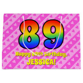 89誕生日:ピンクストライプのハート、レインボー# 89 ラージペーパーバッグ (正面)