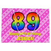 89誕生日:ピンクストライプのハート、レインボー# 89 ラージペーパーバッグ (裏面)
