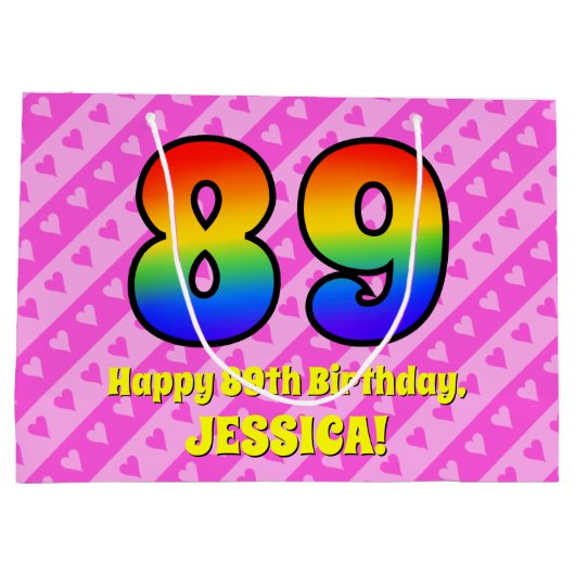 89誕生日:ピンクストライプのハート、レインボー# 89 ラージペーパーバッグ (裏面)