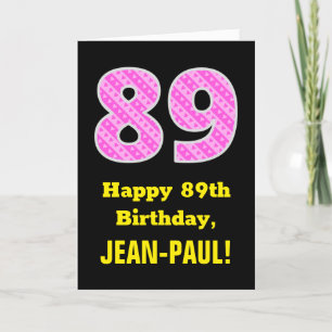 89誕生日:ピンクストライプ色のハートと"89" +名前 カード