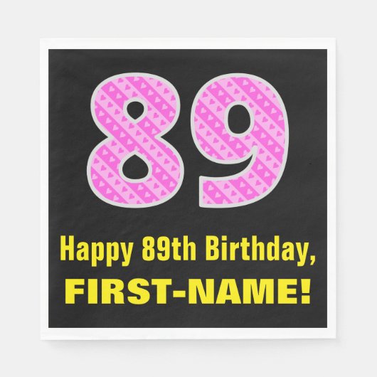 89誕生日:ピンクストライプ色のハートと"89" +名前 スタンダードランチョンナプキン (正面)